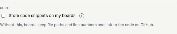 The Code section in Account settings shows “Store code snippets on my boards” switched off