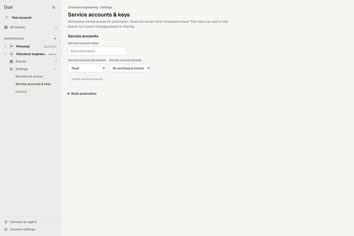 The Service accounts & keys page shows Read access and an All workspace boards scope