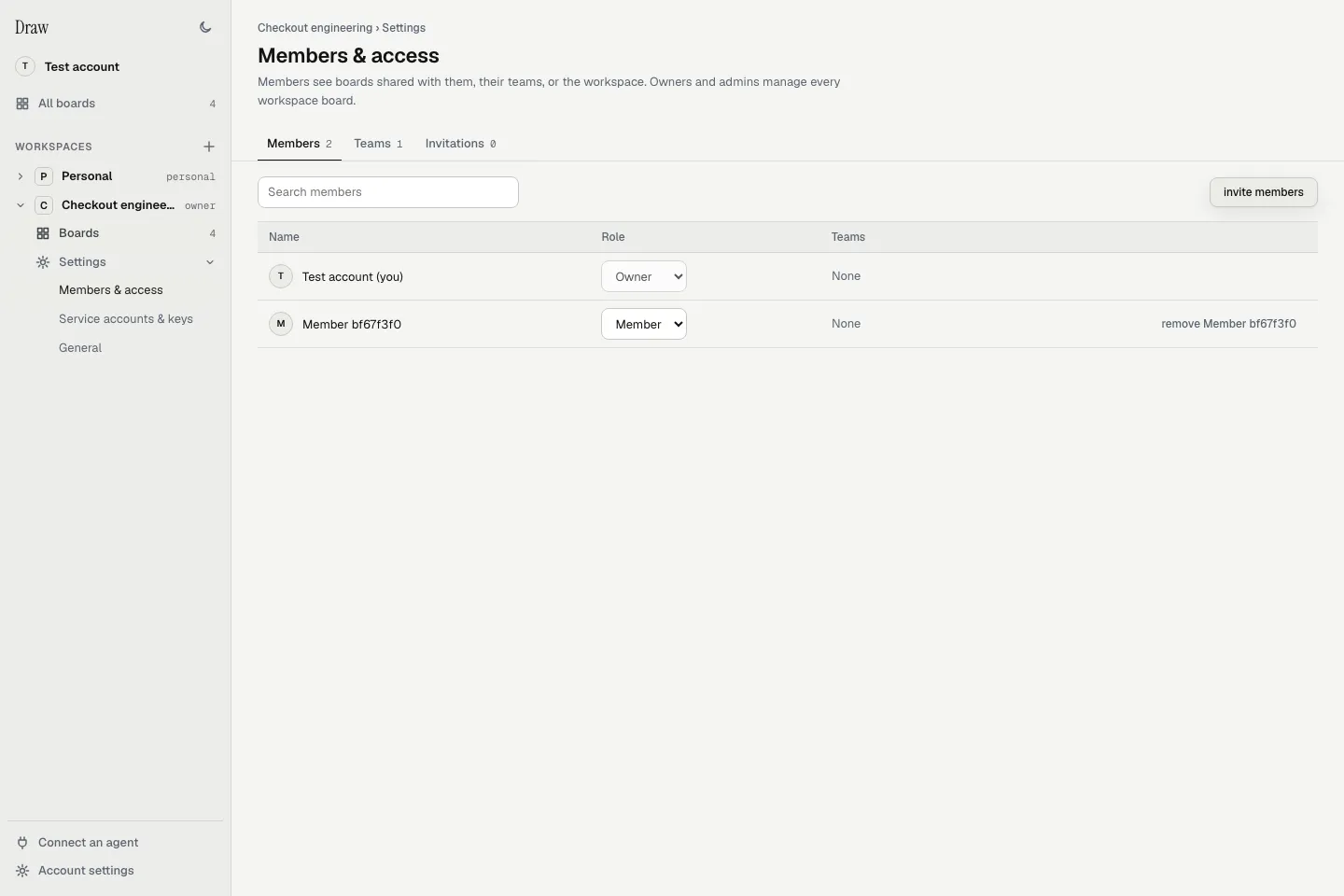 The sidebar opens Members & access, with Members, Teams and Invitations tabs above a sample member table